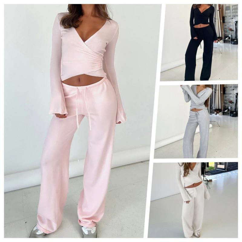 Solid Fleece Laced Long Sleeve Top High Waist Straight Casual Two Piece Set For Women