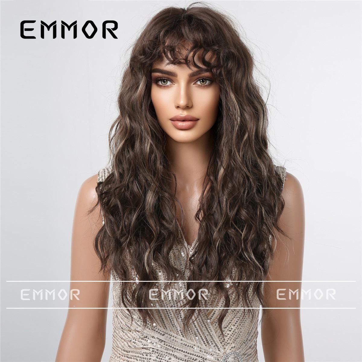 

Длинный волнистый парик для женщин в европейском и американском стиле, естественные пушистые, мелированные коричневые парики с вьющейся челкой коричневый