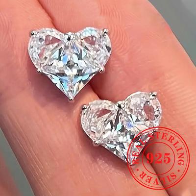 Exquisite Love Heart Shape Stud Earrings  Sterling Silver Swanking Shiny White Cubic Zircon Jewelry Engagement Jewelry