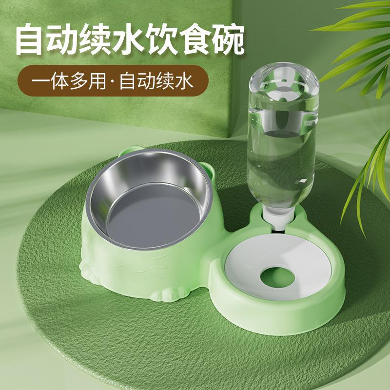 Double bowl cat bowl with automatic water dispenser, pet cat food and dog food bowl, steel bowl, ceramic bowl, dog bowl, cat bowl, pet supplies Grass green steel bowl【