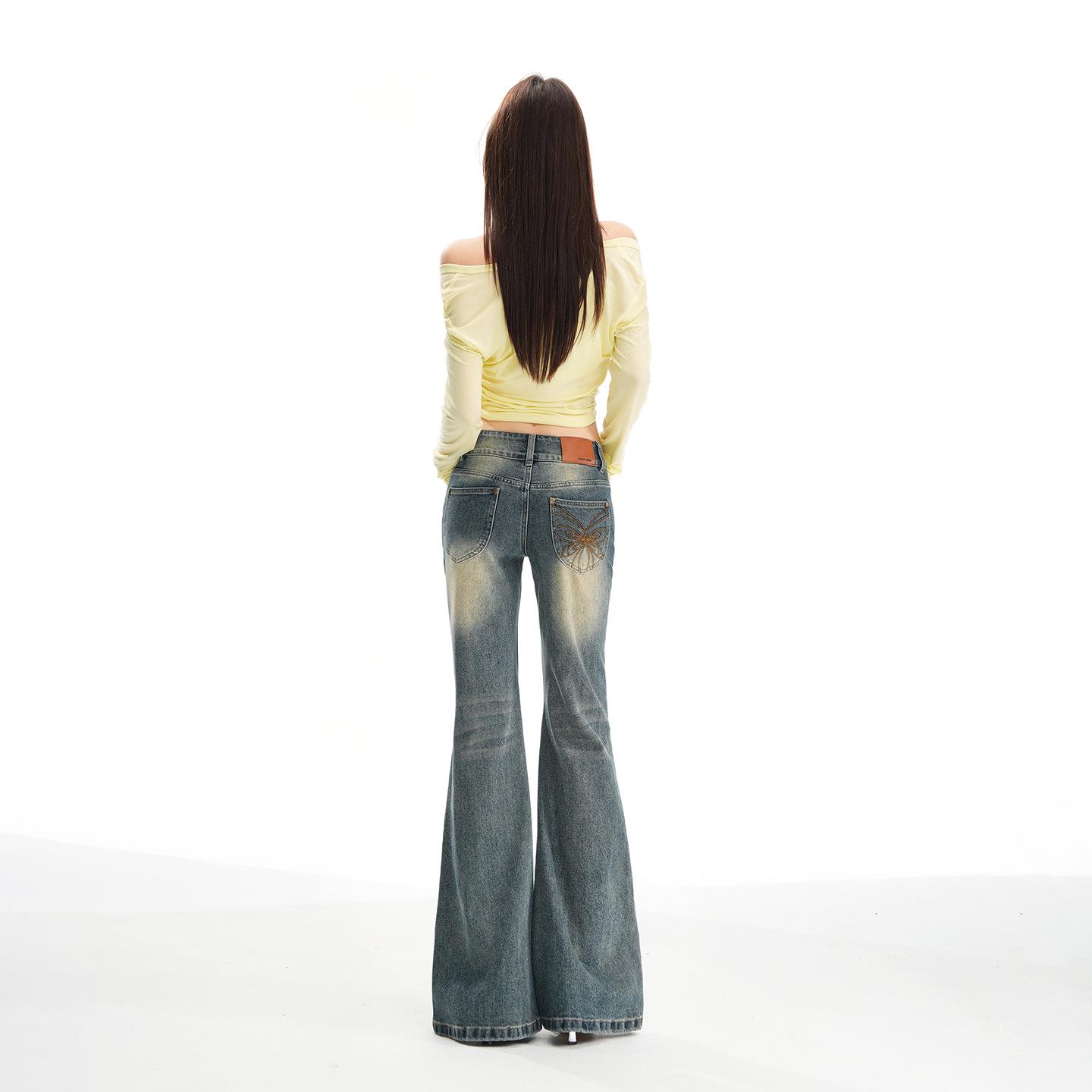 Millennium Low-Waist Flare Jeans - Spicy Girl Embroidered Style for Autumn/Winter Extra Small