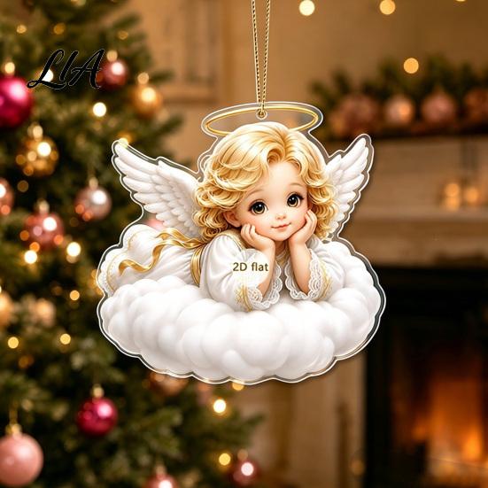 Festive Tree Ornament Christmas Angel Pendant with Lanyard, 2D Flat Acrylic Hanging for Party Decor Decoration, Cute Holiday Car Window Decoration
