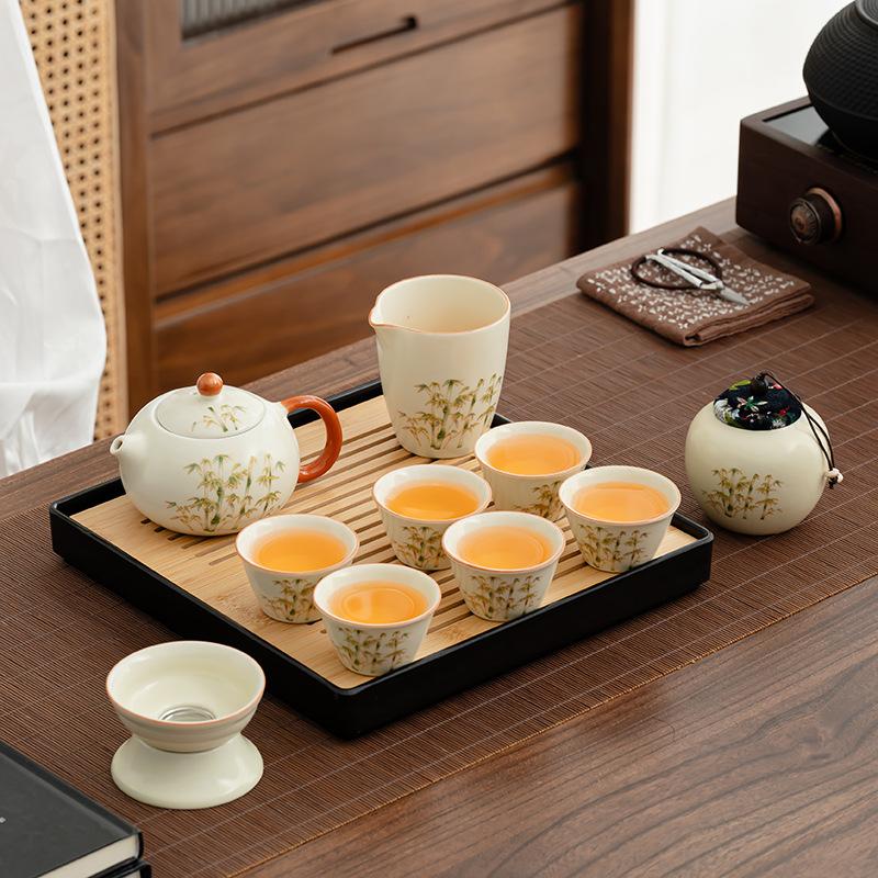 Chinese-style tea set, tea tray, golden silk ancient rhyme set, Ru kiln tea cup, enterprise employee benefits, gift box for customers