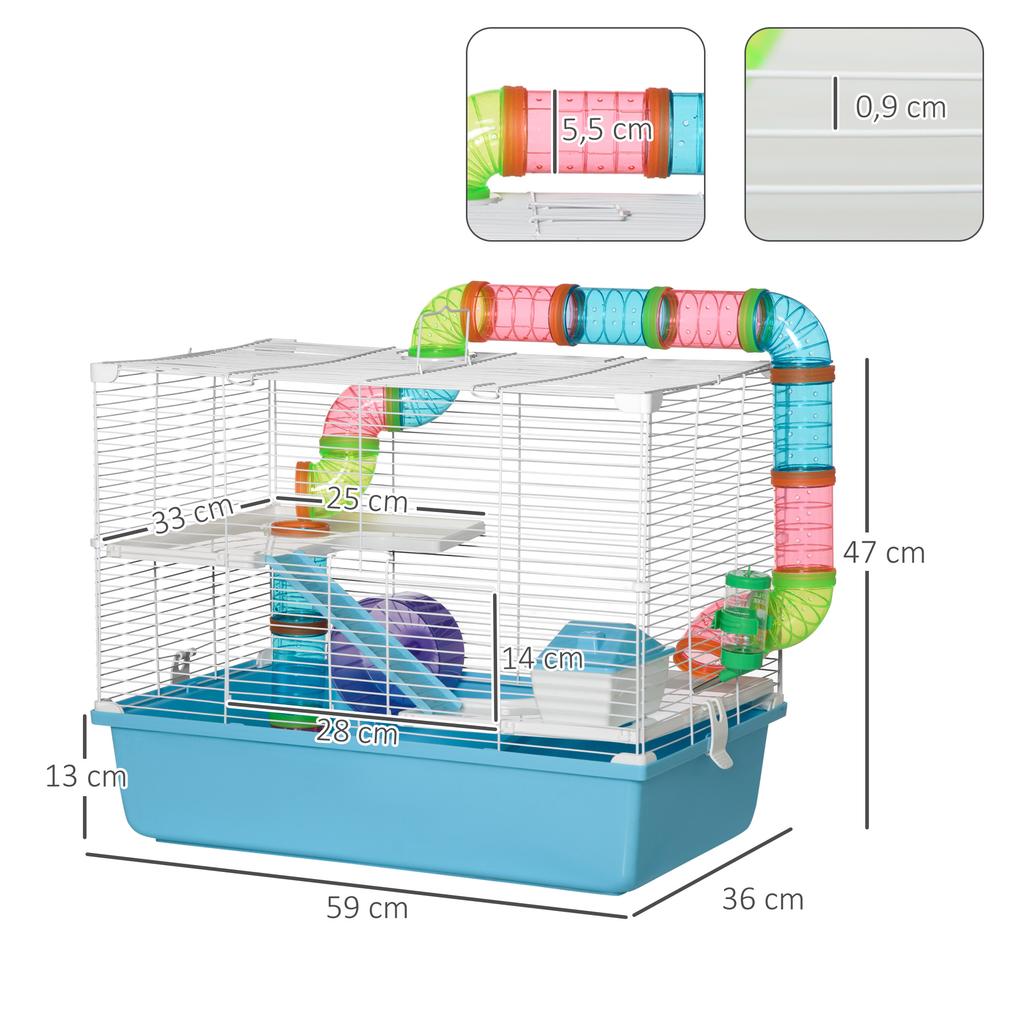 3-level Hamster/rat/rodent Cage with Tunnel, Water Bottle, Wheel, Small House, and Ladders. Dimensions: 59L X 36W X 47H Cm