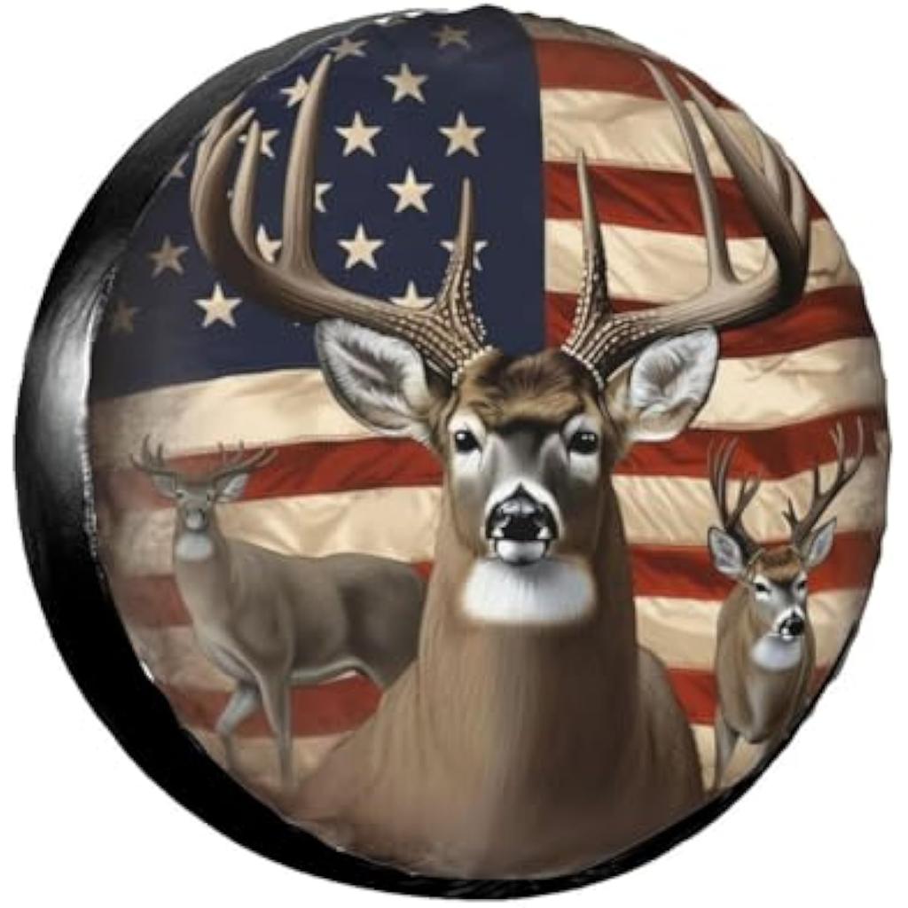 Patriotic Deer American Flag Spare Tire Cover for Truck SUV RV Camper Waterproof Wheel Protector