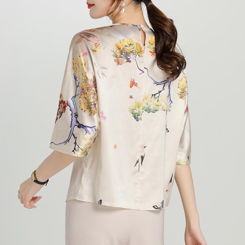 19 Elastic Positioning Chinese Style Printed Round Neck Bat Sleeve Women's Short Sleeve