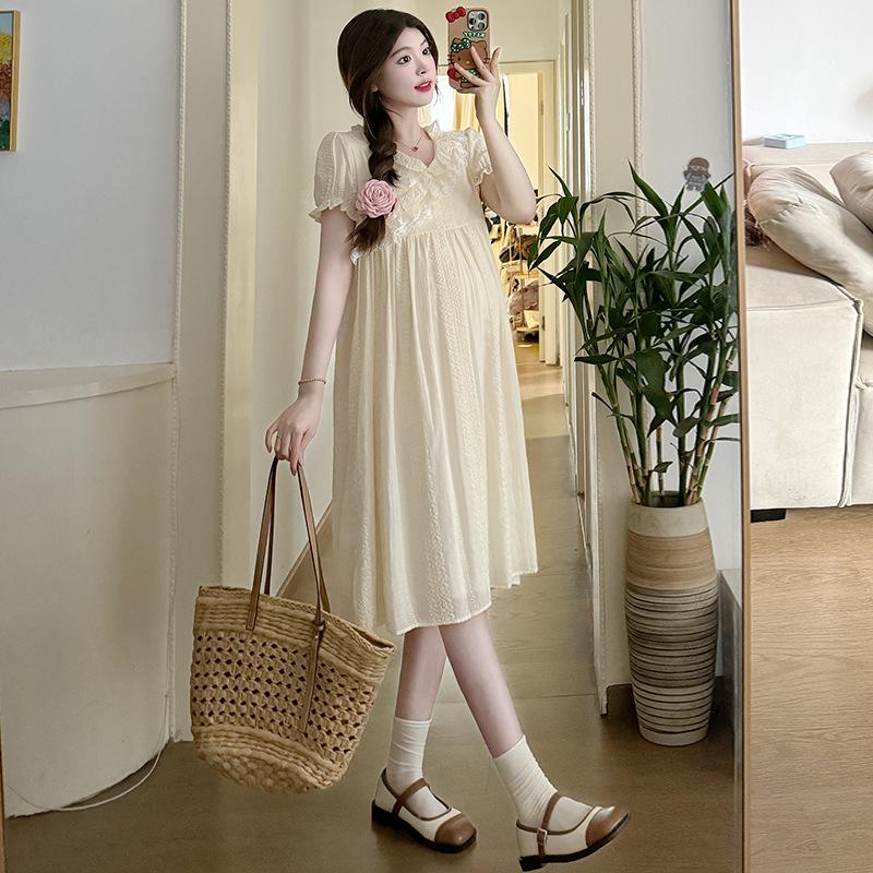 

Милое летнее платье для беременных из жаккардового кружева с V-образным вырезом и вышивкой M грязно-белый