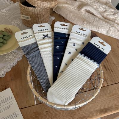 Autumn Women's Vintage Floral Bow Women's Socks Cotton Navy Blue Sea Salt Boneless Pile Socks Color Matching