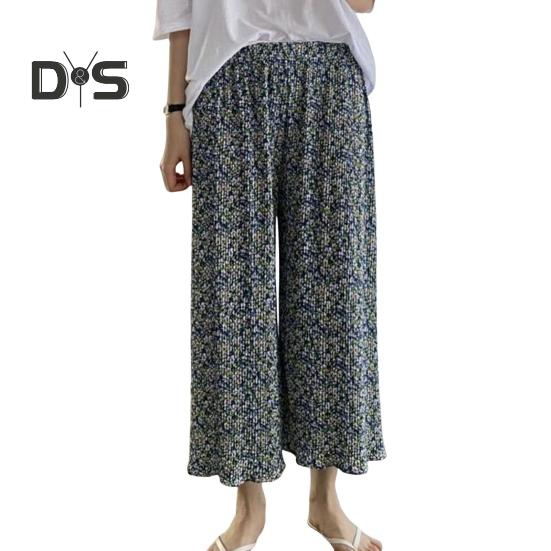 Dámské kalhoty Elastické kalhoty s vysokým pasem a širokými nohavicemi s květinovým potiskem s řaseným nařaseným dlouhým kalhotám do domácího salonku