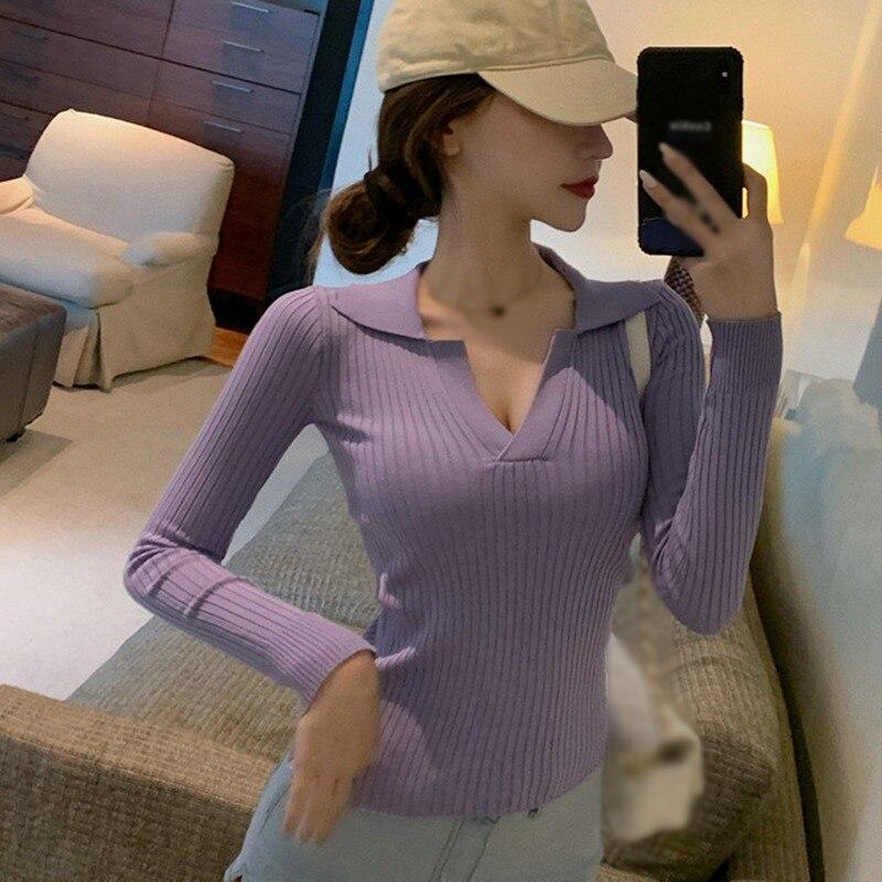 

Женские однотонные сексуальные обтягивающие повседневные трикотажные футболки с длинными рукавами с лацканами, топы 2020