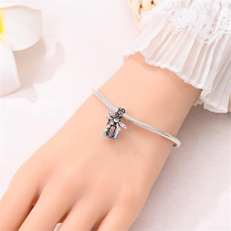 Authentic Crystal Glass Cat Garden Beads & Shiny Square Dragonfly Dangle Charm Fits Original Bracelet 925 Sterling Copper Beads