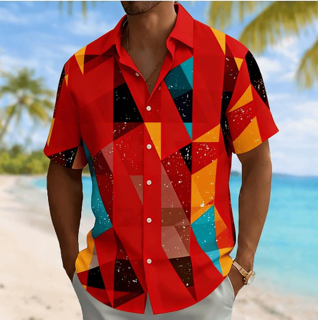 Men's Short Sleeve Geometric Print Shirt, Casual Summer Beach Essential