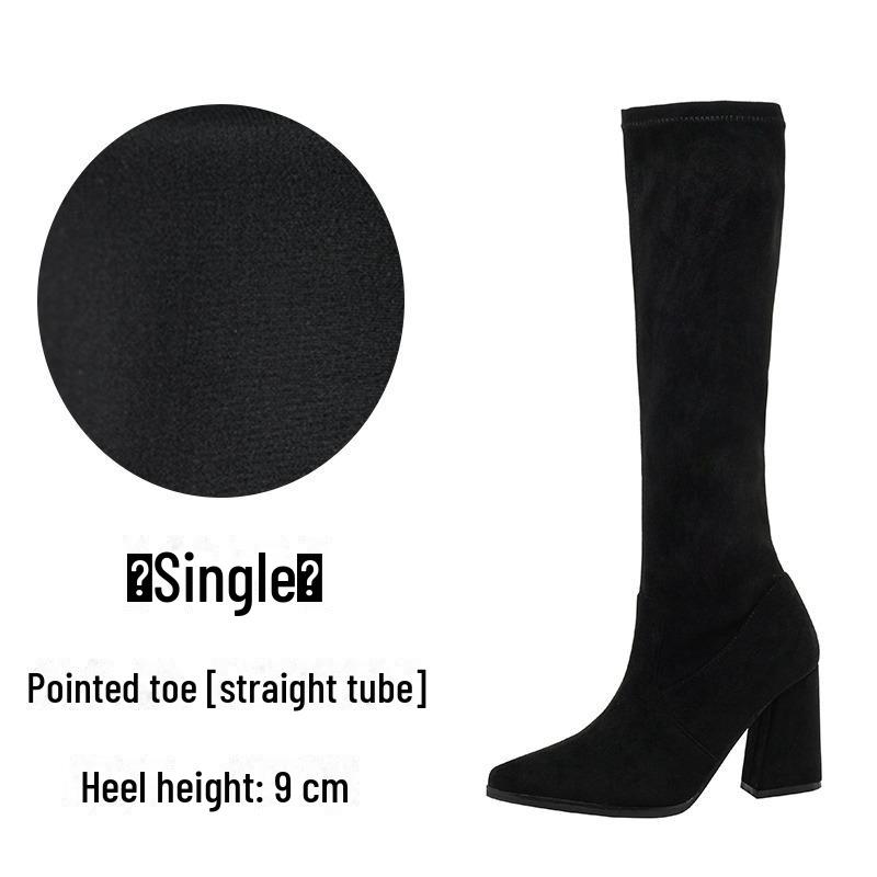Women's Knee-High Pointed Toe Boots, 2024 Autumn/Winter, Thick High Heels, Small Sizes Available.