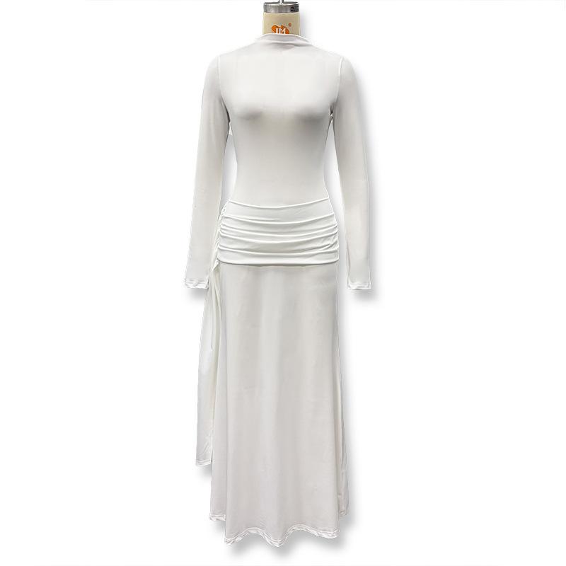 Women High Neck Long Sleeve Bodycon Maxi Dress with Side Drapery Solid Color Elegant Gown