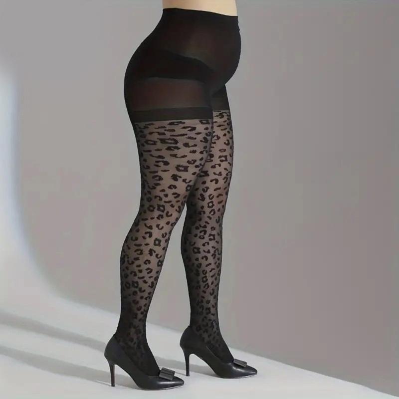 Large Size Leopard Patterned Silk Tights Sheer Pantyhose High Waist Black Control Top Leggings Stockings for Women Gift