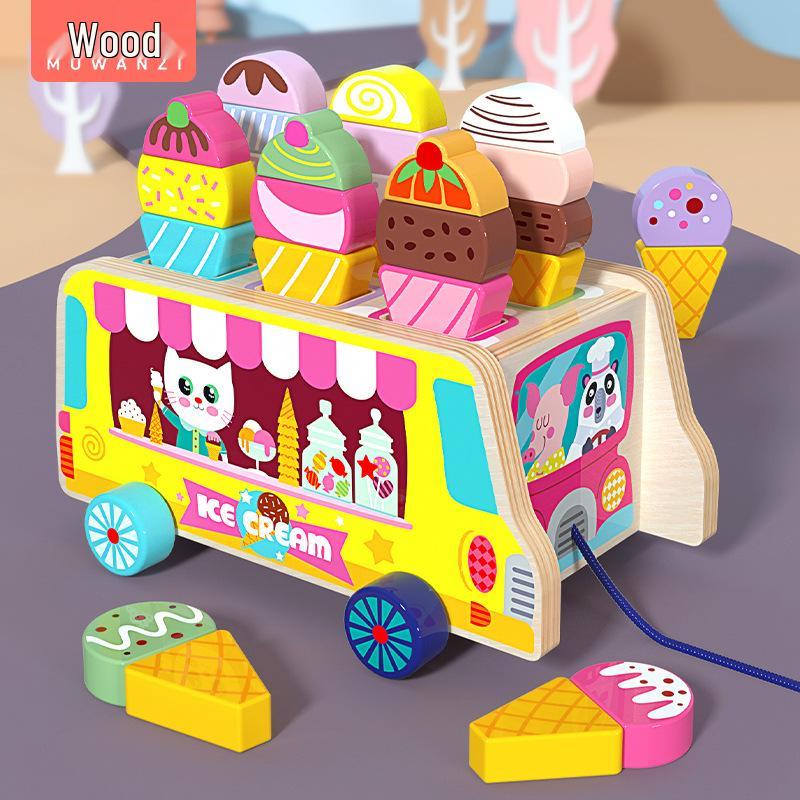 

Kids Learning Wooden Ice Cream Cart Role-Play Pull-Along Toy with Building Blocks
