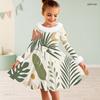 Girls High Neck Long Sleeve Avocado Printed A Line Flared Dress With Fuzzy Collar Cuffs And Bow Waist