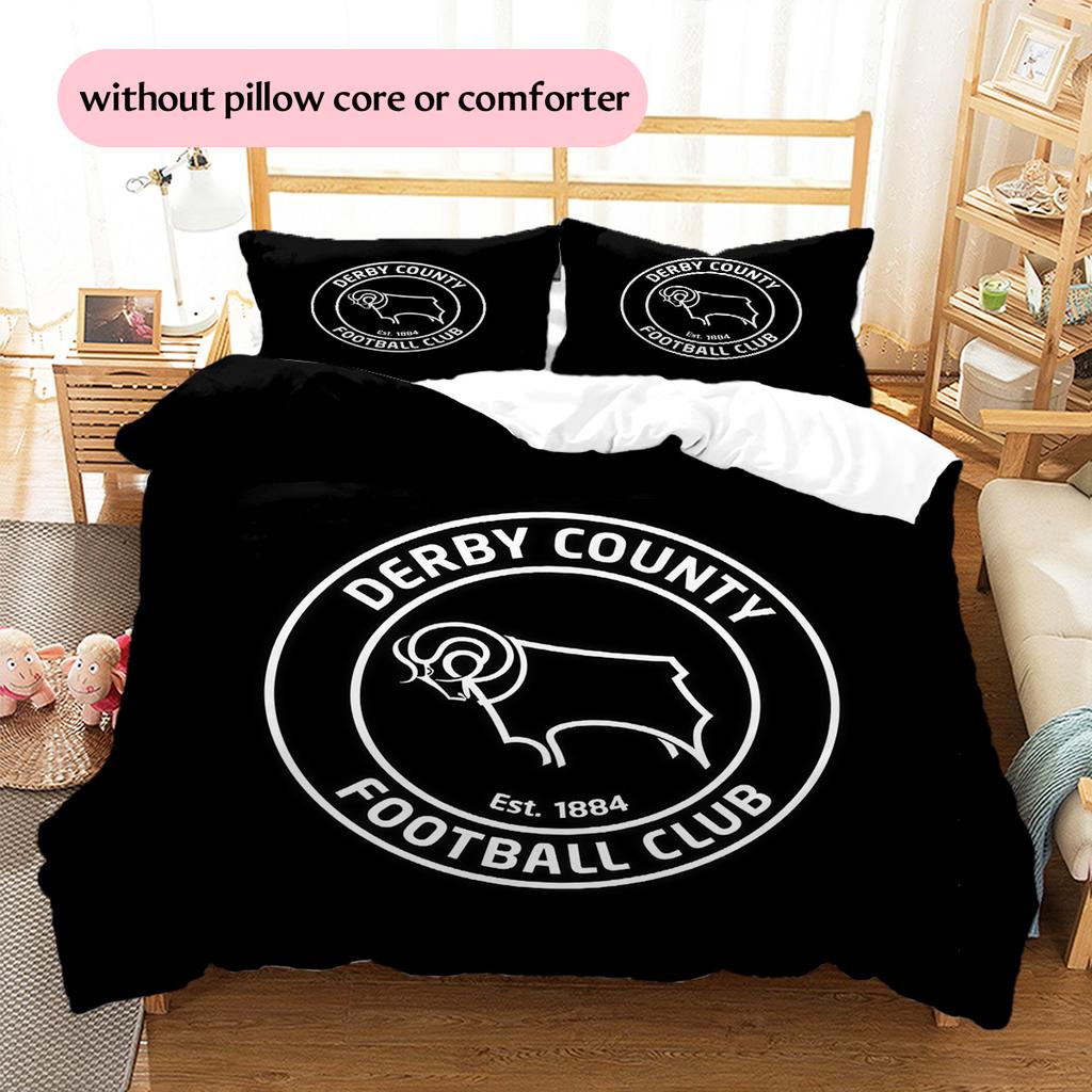 Derby County F.C Muster Bettwäsche Steppdecke Set Heimdekoration Geschenk (1 Bettbezug + 2 Kissenbezüge (ohne Füllung))
