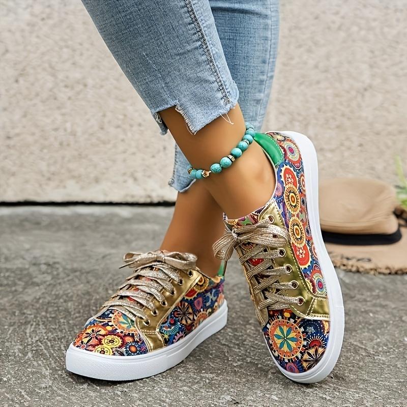 Comfortable Plus Size Women's Fashion Sneakers - Breathable Fabric, Floral Print, Lace-Up Low Tops with Non-Slip PU Cover Sole