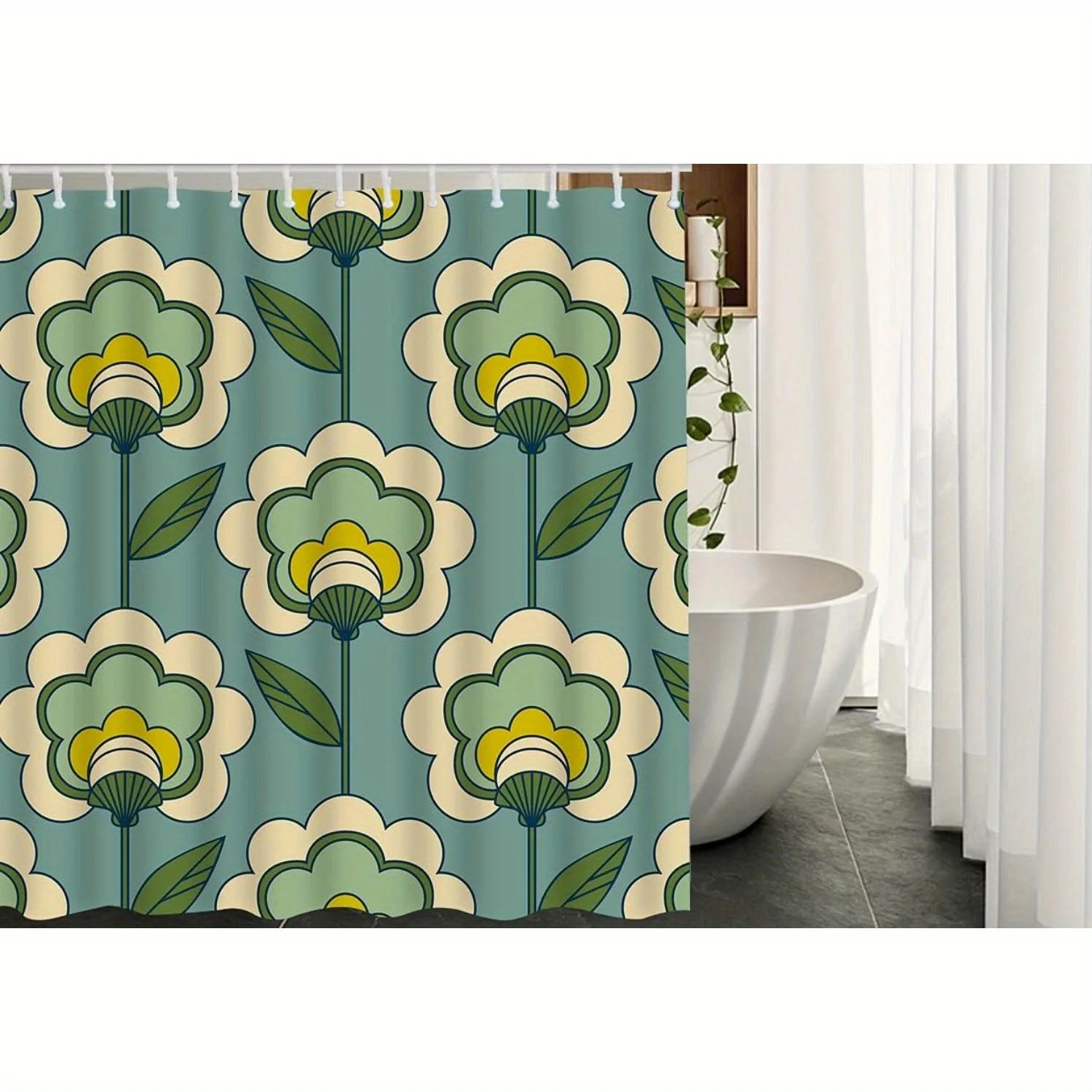 

1 шт. Ретро 60-х 70-х Винтажная Цветочная Шторка для Душа - Зеленые Цветы на Бежевом Фоне, Декор для Ванной в Стиле Мид-Сенчури Модерн 90X180CM