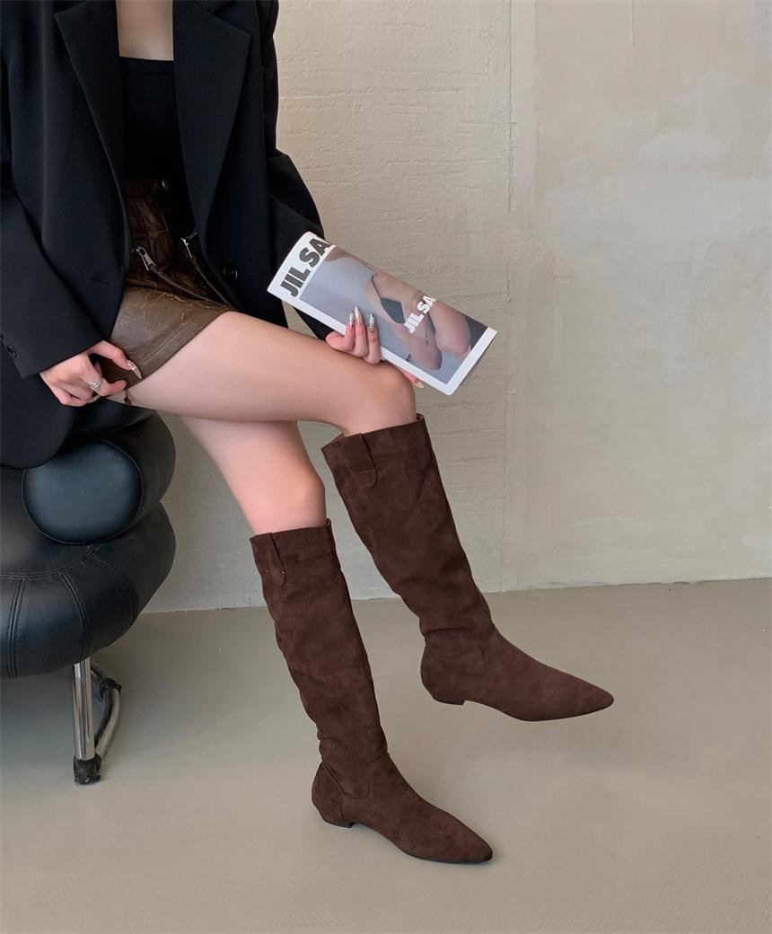 

Ретро каблук внутренняя высота увеличение маленький квадратный носок матовая коровья кожа сапоги женские до колена тонкие на плоской подошве высокие сапоги 39 темно-коричневого