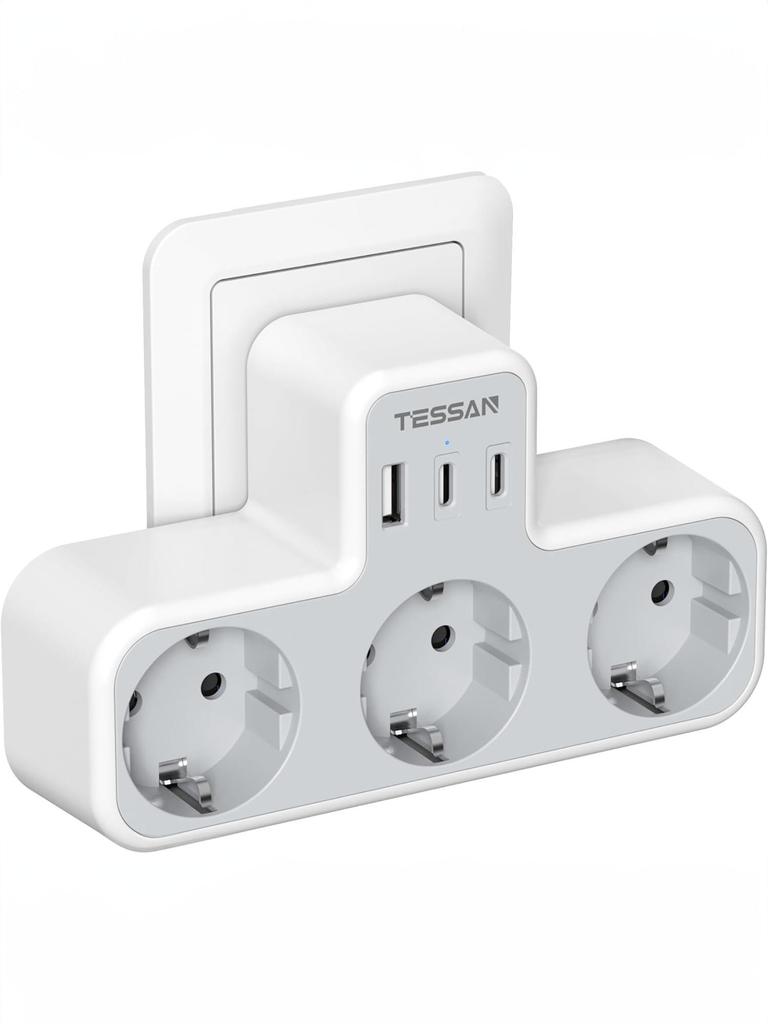 Tessan Black Multiple Wall Socket with 3 AC Outlets & 2 USB 1 Type C Ports, 6 In 1 USB Adapter with Overload Protection for Smartphone, Tablet