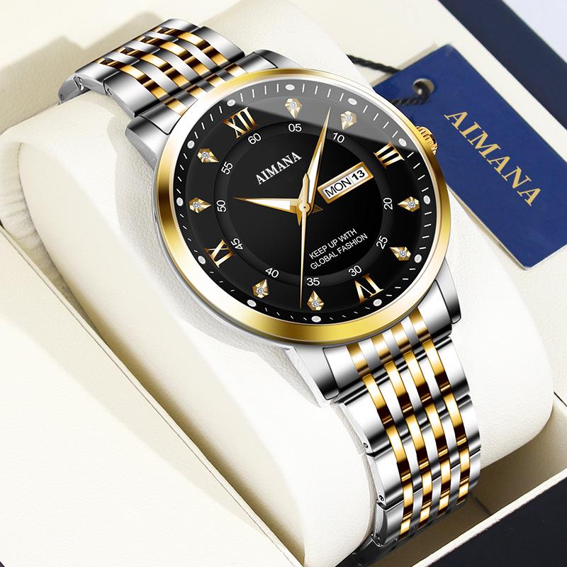 Business Men Watch Quartz Movement Dual Calendar Week Date Steel Band Roman Numerals Diamond Scale Male Wrist Clock