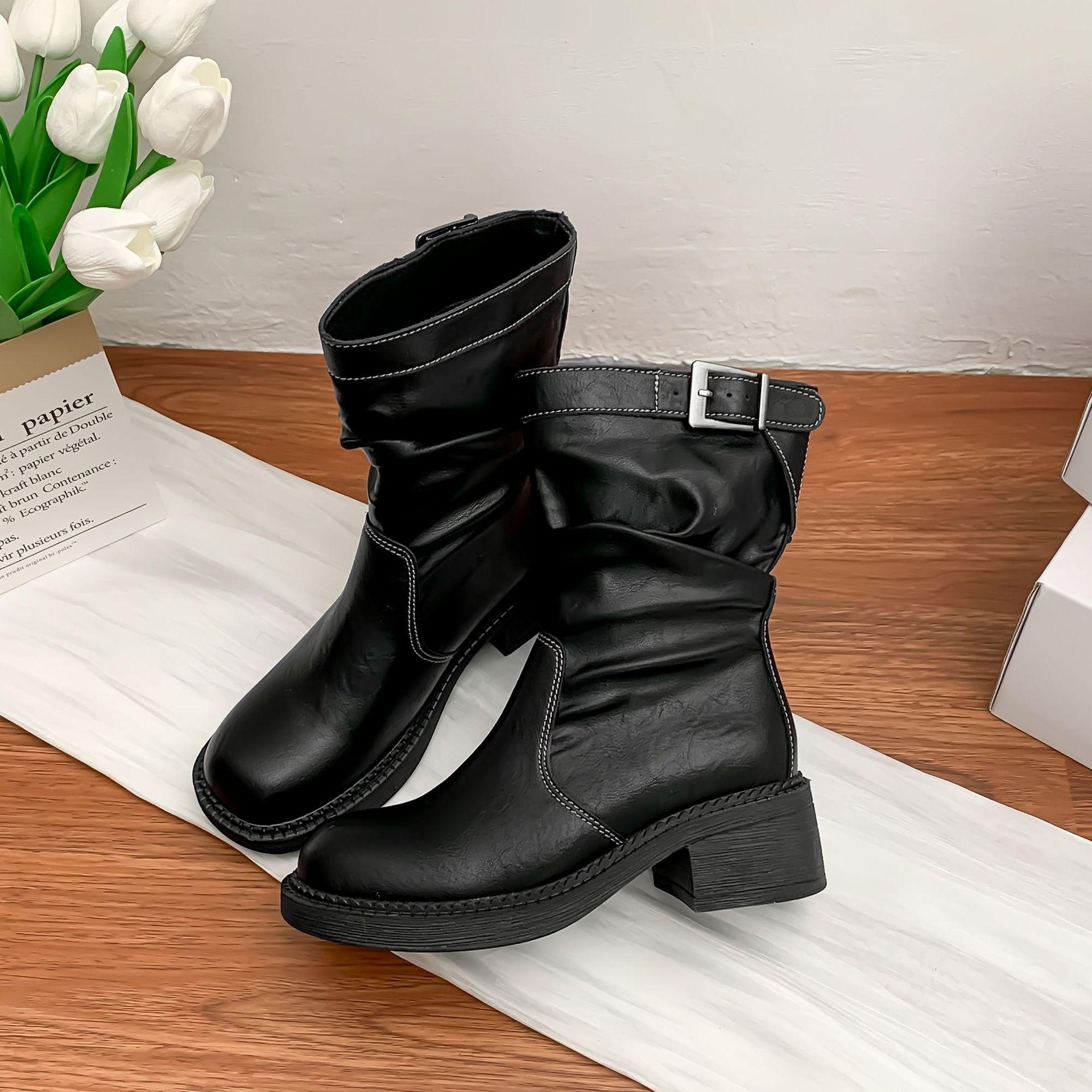 

Korean version of knight boots women s belt buckle pleated piled boots comfortable soft sole not tired feet British style thick-soled Martin boots 35