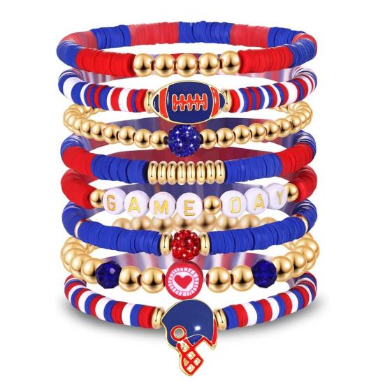 Game Day Bracelets Stackable Sports Football Charm Bracelets Elasticated Football Themed Bracelets Set for Women Men Football Fans Boho Summer