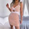 Frühling Sommer Sexy Einfarbig Kontrast Streifen Hohe Taille Gestrickte Strap Wrap Hüfte Kleid