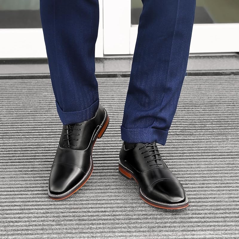 [Foxsense] Men's Leather Business Shoes, Dress Shoes, Straight Tip, High-Quality Genuine Leather, Oxford, Lightweight, Waterproof, Formal, Black,