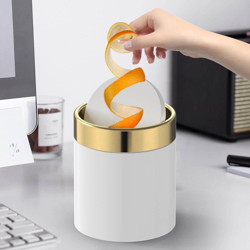 Mbillion Tabletop Trash Trash Can with Sanitary Raw Trash Mini Round Trash 360 Degree Stainless Steel Dust White Garbage Can, Small, Stylish, Lid,