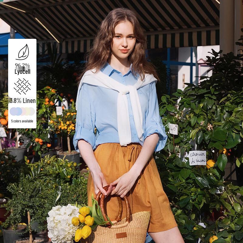 INMAN Women s Lyocell Linen Fold-Cuff Long-Sleeve Shirt XL