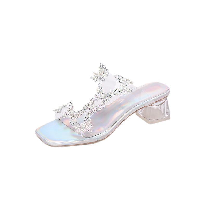 Fairy wind sandals female thick heel 2025 summer new pearl rhinestone butterfly transparent crystal heel half drag square head sandals