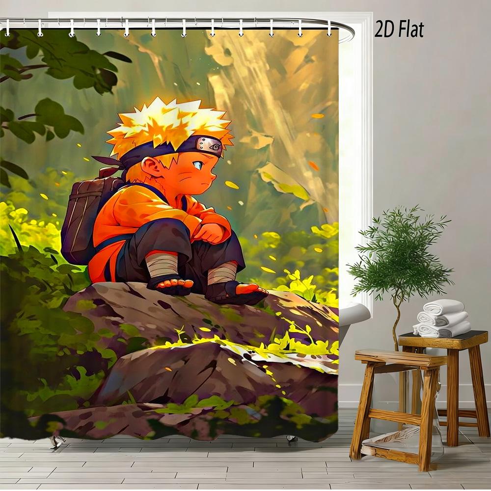 

2D Flat Naruto Anime Chibi Naruto Uzumaki Sitting On Rock In Forest Print Waterproof Shower Curtain For Bathroom Decor W60H190(CM)-1 Pcs