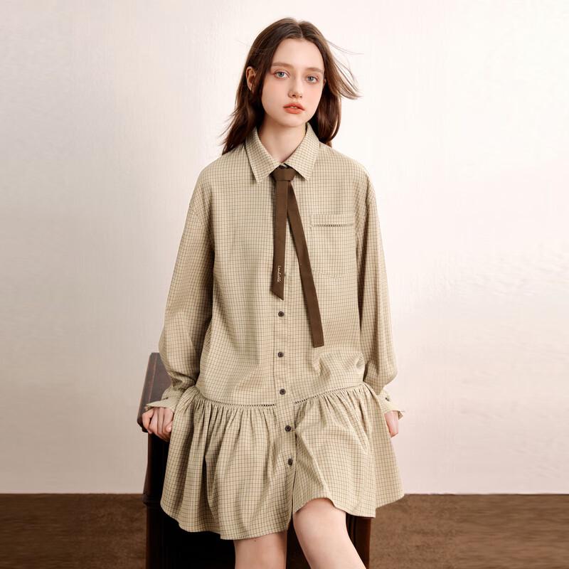 

Ретро платье-рубашка в клетку с полым воротником-галстуком XS