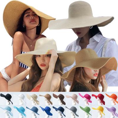 15cm Wide Brim Straw Hats For Women Summer Floppy Foldable Portable Beach Hat Girls Simple Solid Color Uv Protection Lady Panama