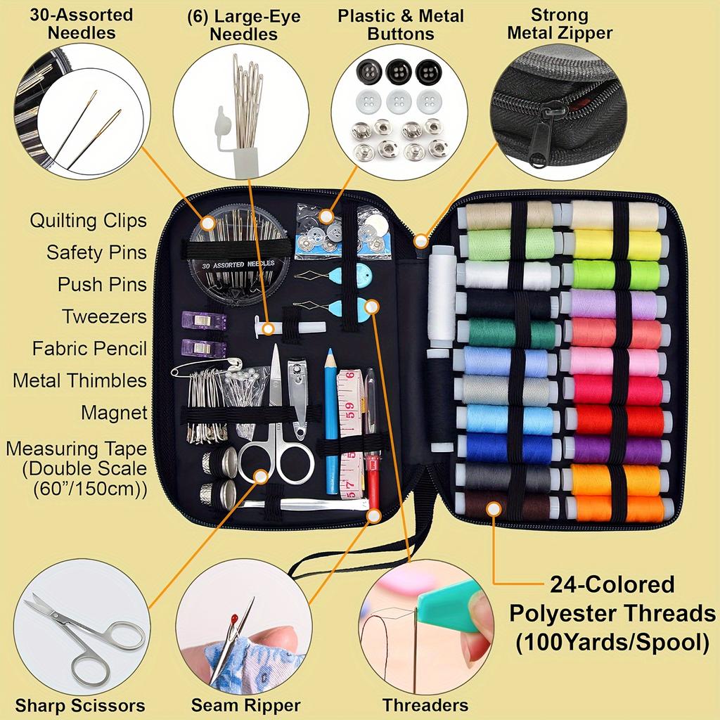 Complete Sewing Kit with Threads Needles Scissors Tape Measure Buttons Portable Travel DIY Embroidery Handwork Sewing Tool Set