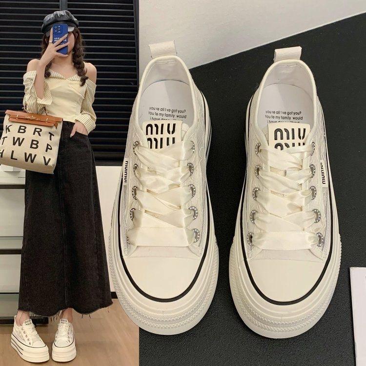 Muffin thick-soled lace mesh board shoes women's 2025 spring and summer new casual versatile breathable college wind heightening single shoes