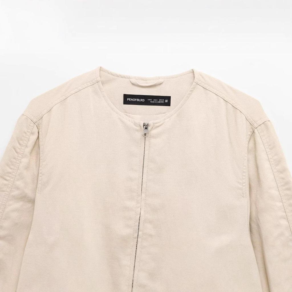 2025 Spring Women's European & American Style Linen Blend Bomber Jacket