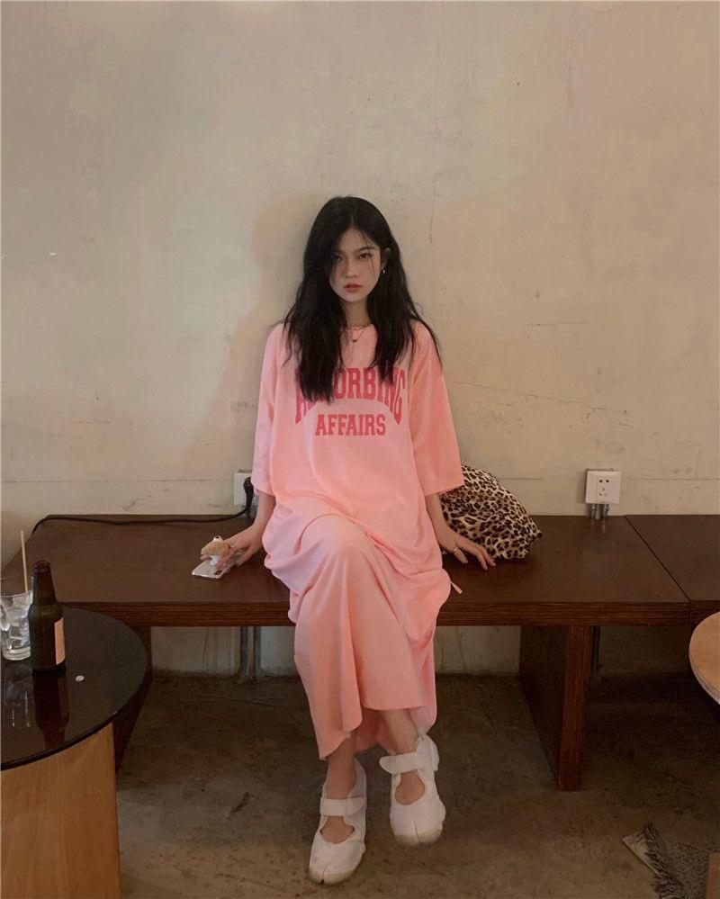 Women's Hong Kong Style Loose Fit Knee-Length T-Shirt Dress - Summer Short Sleeve, Slim Round Neck, Letter Print