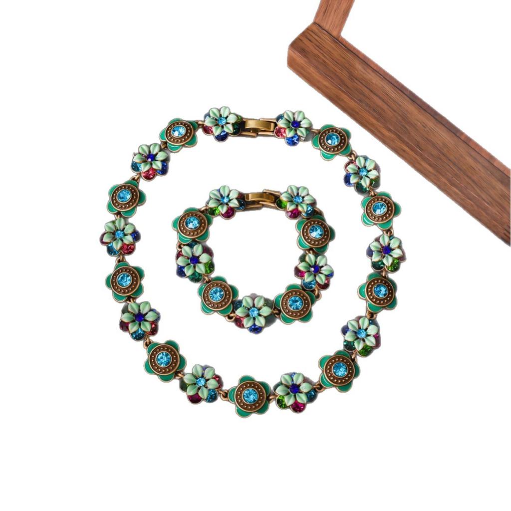 Collar de Flores de Estilo de Corte Vintage Conjunto de Joyas de Lujo Ligero Vintage Medieval Pulsera Antigua Pintada con Esmalte
