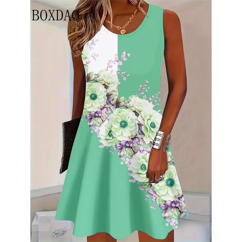 Sundress Floral  Print Women's Casual Sleeveless Tank Dress Summer Vacation Casual Retro Loose Plus Size Woman Clothing