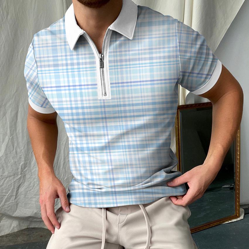 Trendy Zip-up Short Sleeve Polo, Stylish Checkered Design for Casual Wear.