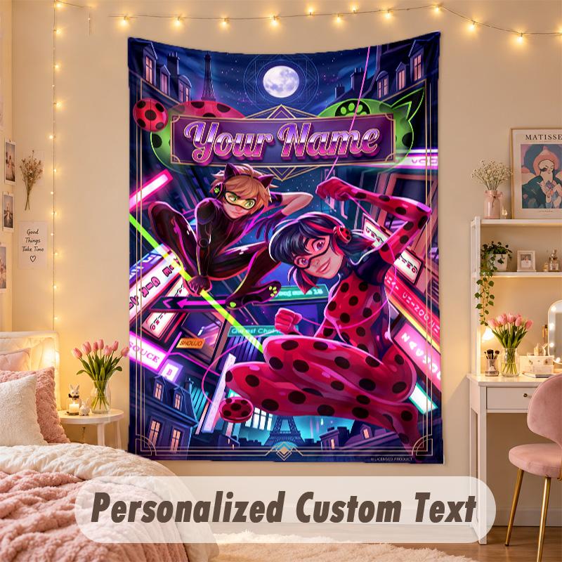 Custom Personalized Tapestry,Miraculous Ladybug Print Custom Name Text Wall Art Hanging for Bedroom