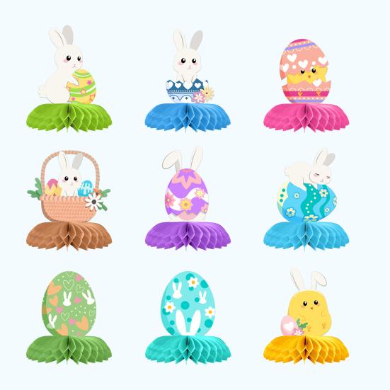 9 delar påskdekorationer med honungskaka och äggtema, bordsdekorationer för bordsfest, heminredning, festliga 3D-honungskakabolldekorationer