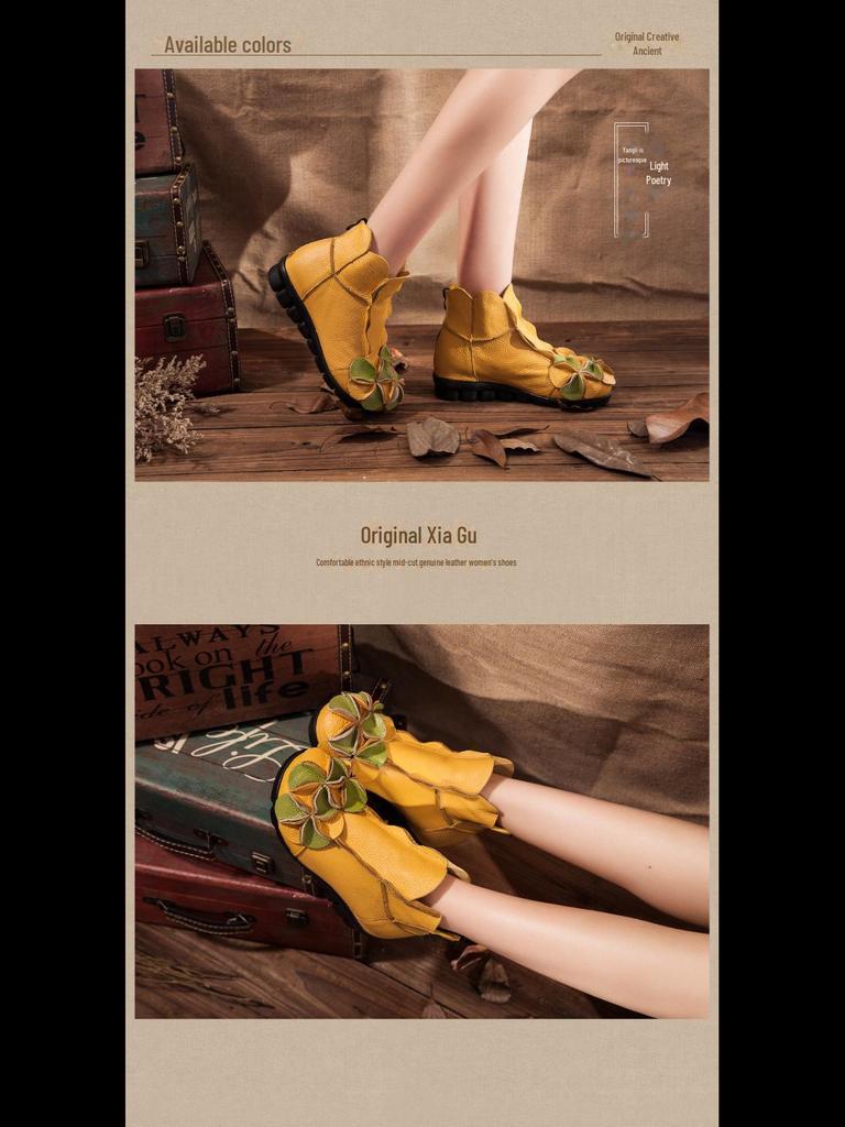 Women's Handmade Retro Real Leather Martin Boots with Thick Soles and Heels, Rear Zipper, Short Design for Autumn and Winter