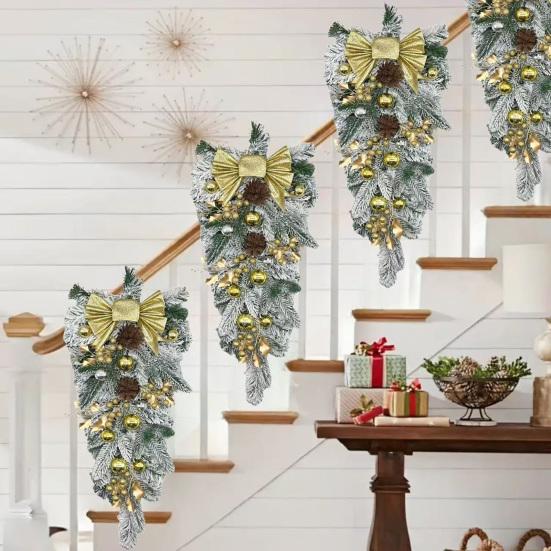 Yousheng Christmas Staircase Wreath Garland Bow Front Door Hanging Garden Xmas Tree Pendant Party New Year Home Decoration
