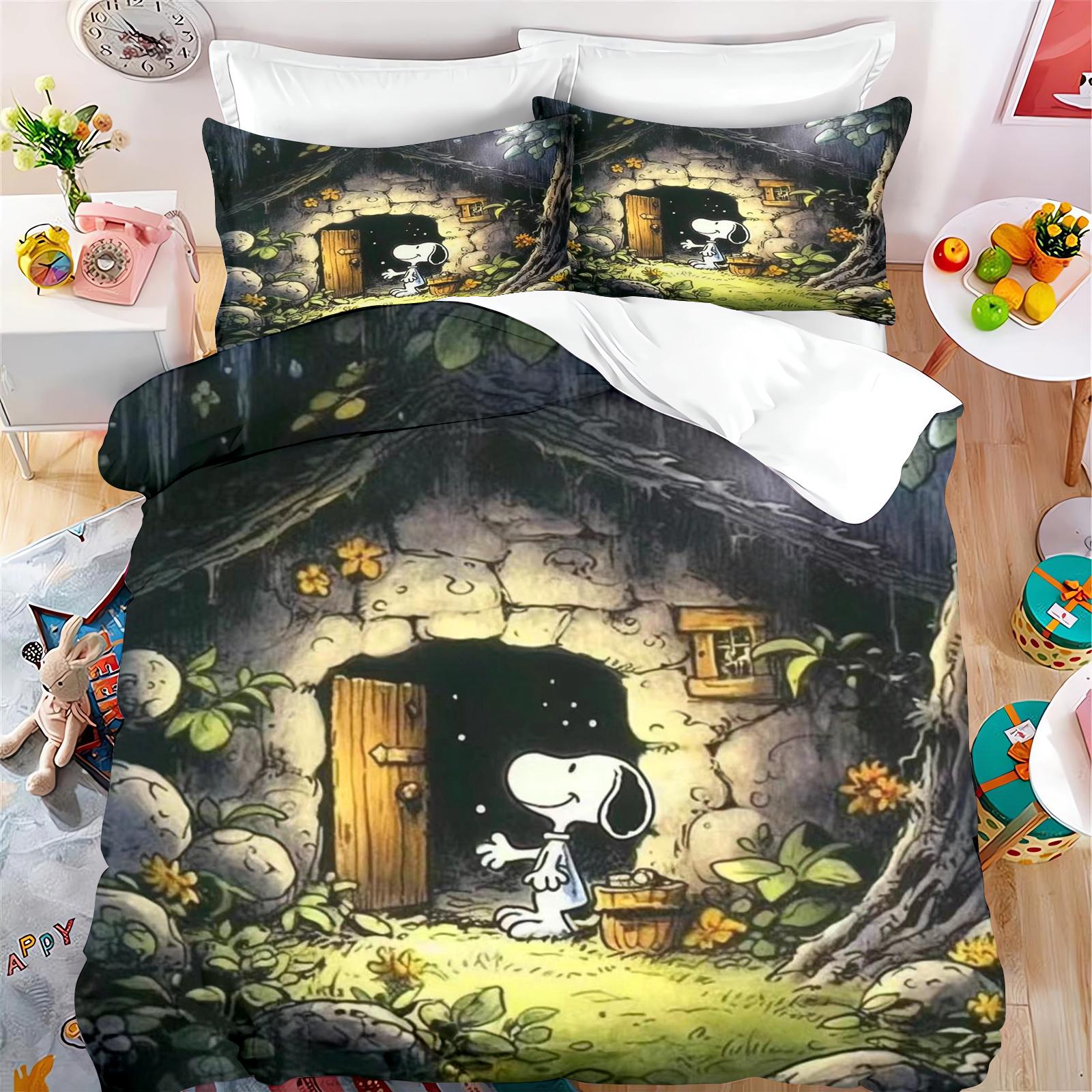 

Мультяшный комплект постельного белья Snoopy из 3 предметов: пододеяльник, размер кинг, милый подростковый декор для детской комнаты, домашний аниме-подарок для детей 135x200cm