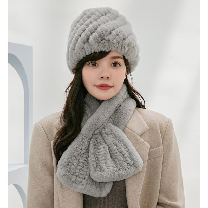 Rex Rabbit Hair Scarf Hat Two-piece Set Winter Women Middle-aged and Elderly Rex Rabbit Hair Braided Elastic Warm Thickened Hat
